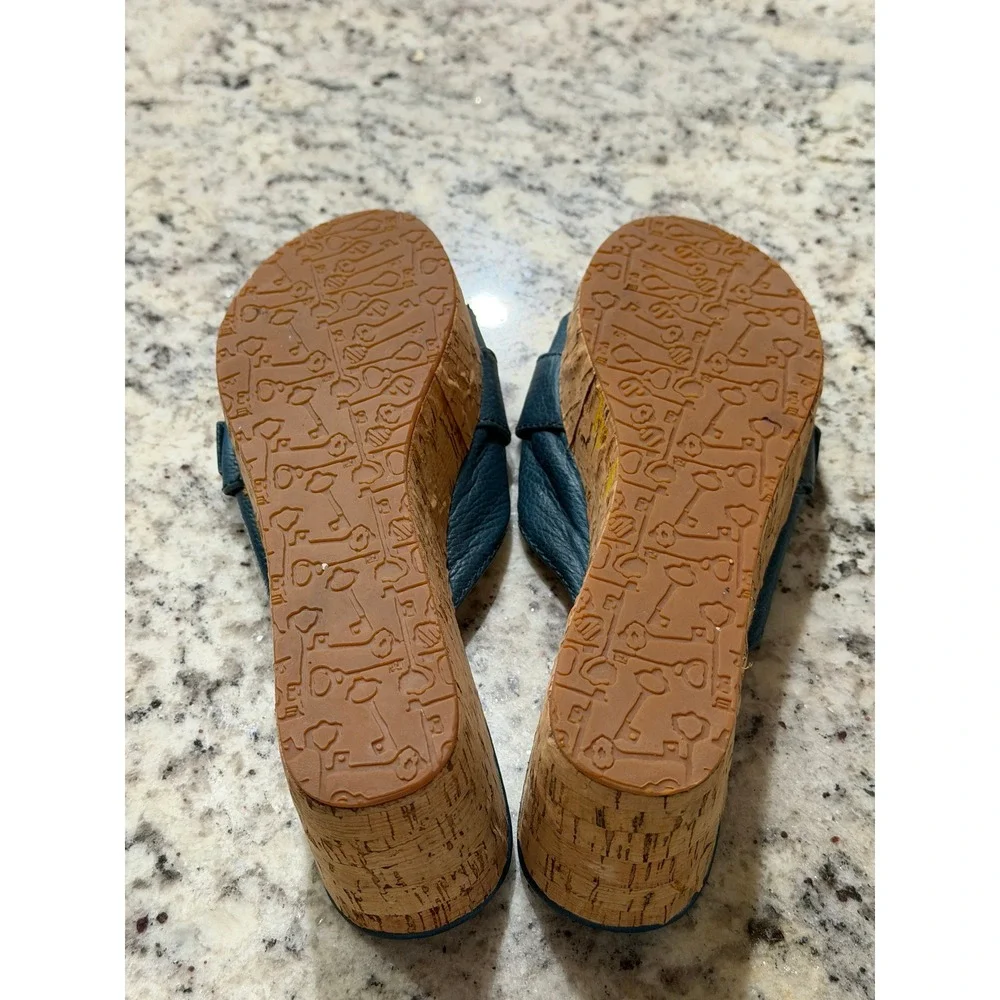 Fossil Blue Pebbled Leather Cork Wedge Sandals Buckle Slide FFW4214470 Size 8